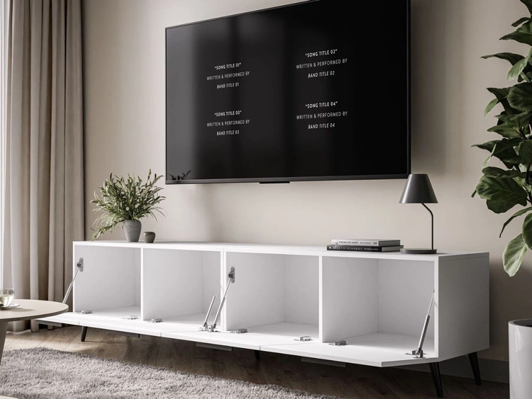 Szafka RTV pod telewizor z drzwiczkami na czarnych nóżkach 200 cm Noaé Biały Połysk