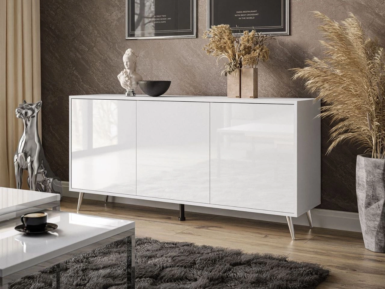 Trzydrzwiowa komoda 154 cm w stylu glamour na srebrnych nogach Vivance biały połysk