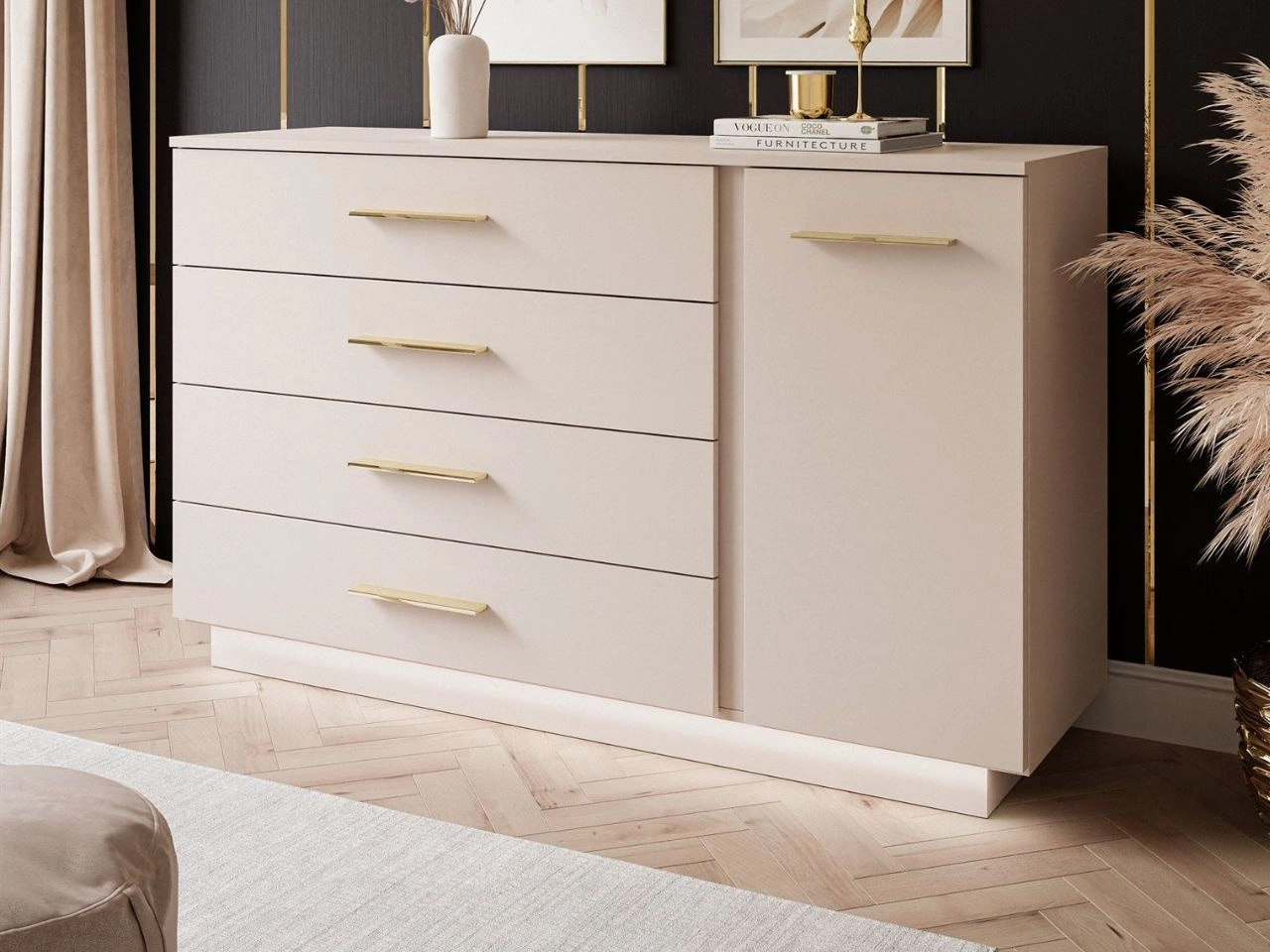 Komoda z drzwiami, szufladami i oświetleniem LED Nuveo Kaszmirowa