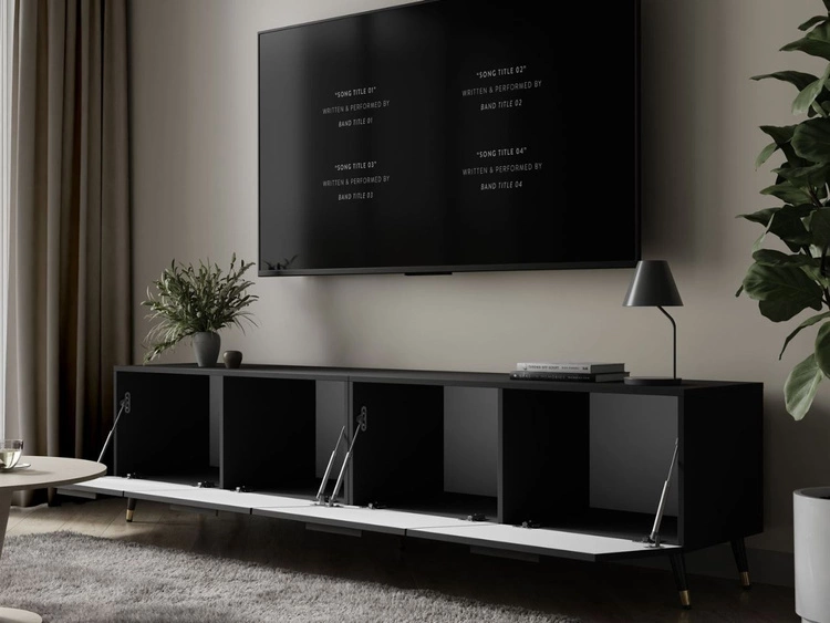 Szafka pod telewizor z drzwiczkami na czarno-złotych nóżkach 200 cm Noaé Czarny Połysk