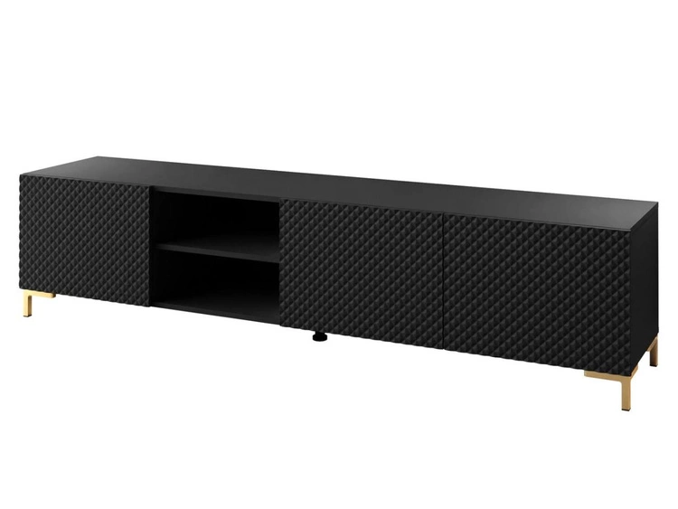 Szafka RTV ze złotymi prostymi nóżkami i frezowanymi frontami 3D Celiane czarny mat