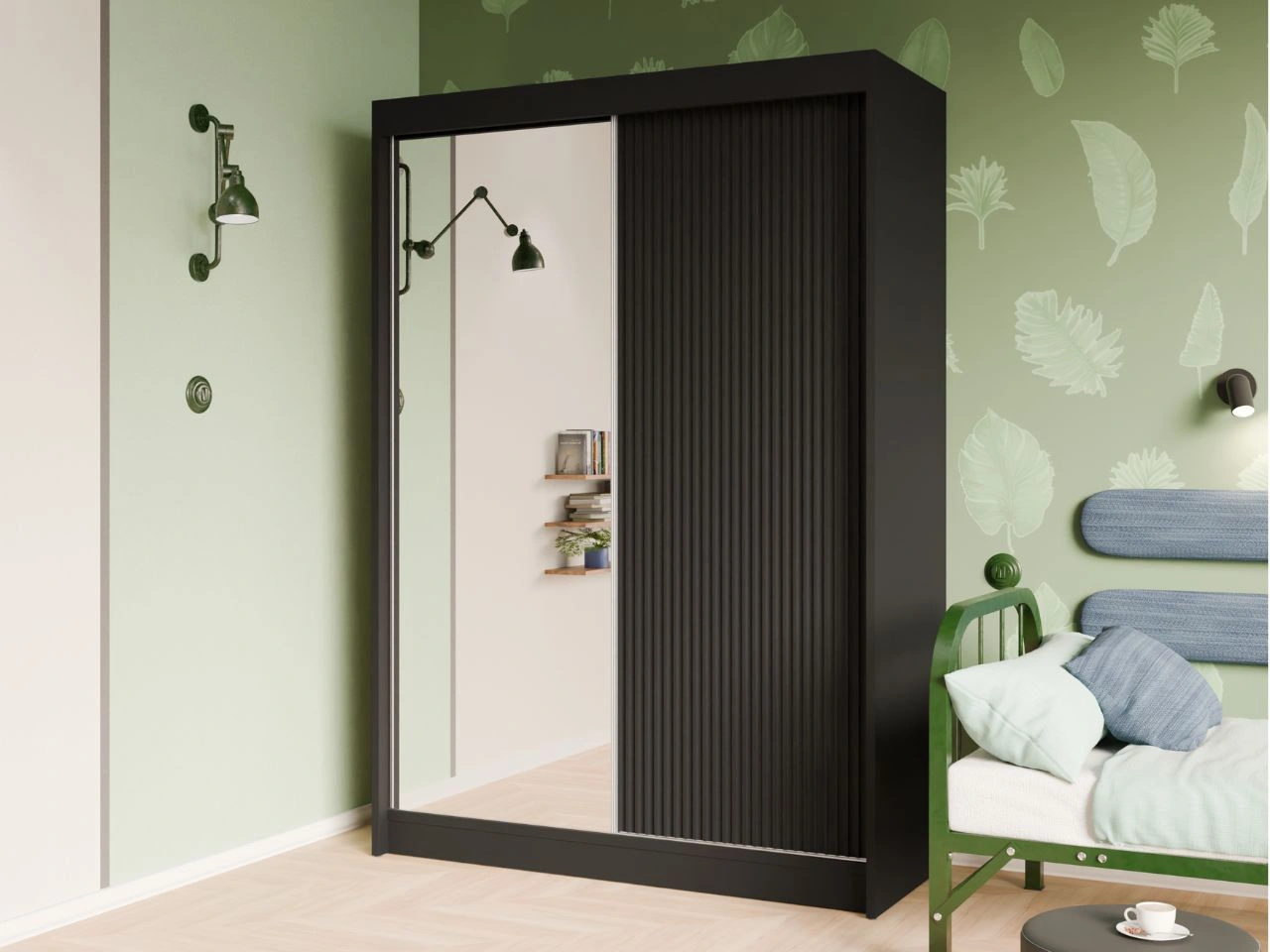 Szafa przesuwna z ryflowanym frontem i lustrem 150 cm Fano Czarna