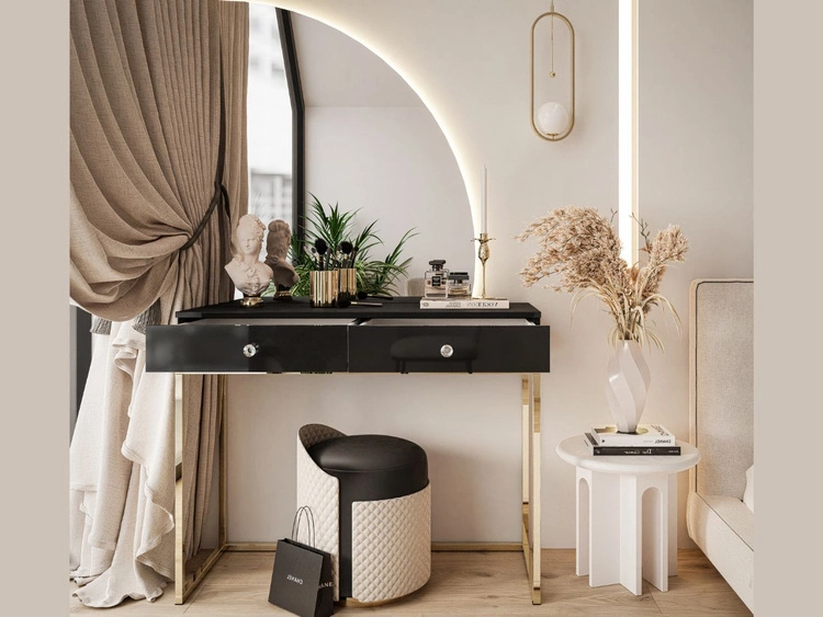 Toaletka kosmetyczna prawostronna z szufladami i oświetleniem LED na złotych nogach Clarette Czarny połysk