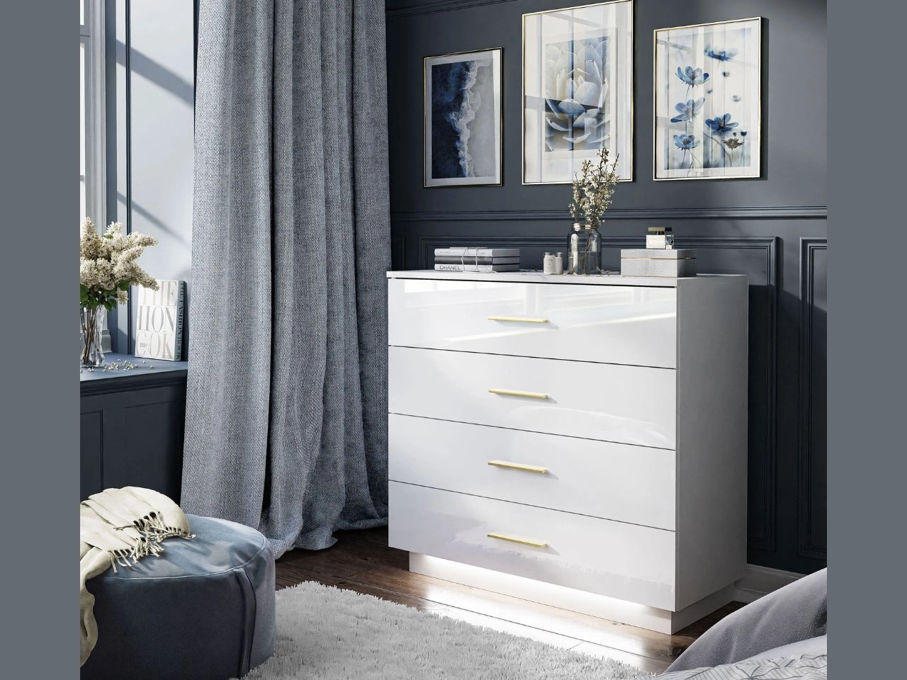 Komoda z czterema szufladami i oświetleniem LED Nuveo Biały połysk