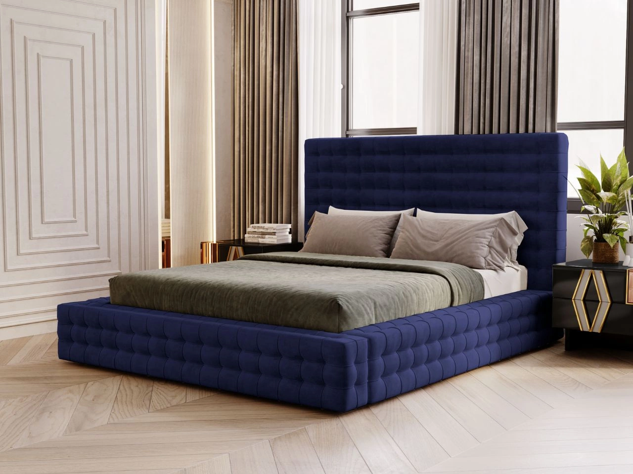 Łóżko tapicerowane z pojemnikiem i stelażem 160x200 Barbados Niebieskie