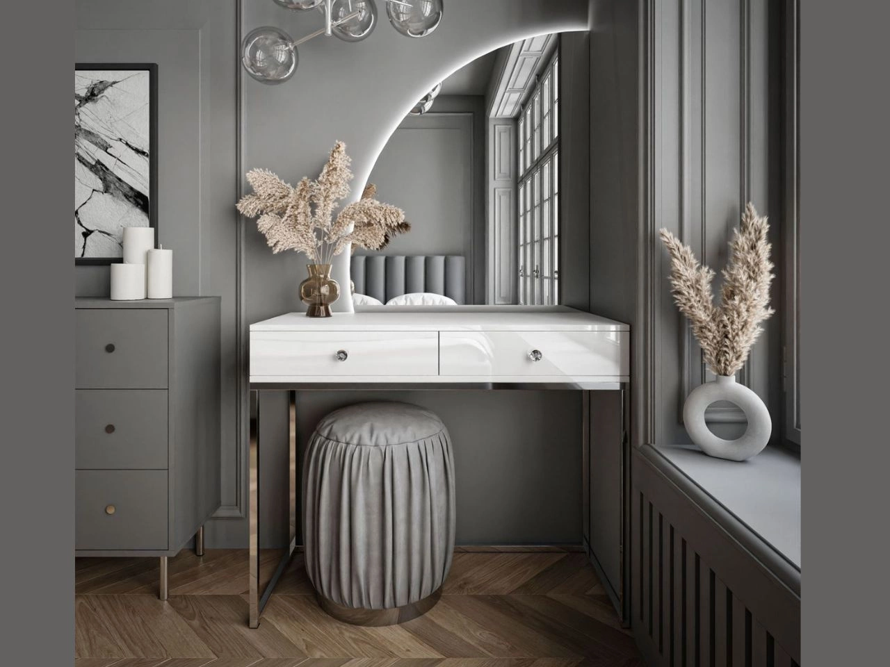 Toaletka kosmetyczna lewostronna z szufladami i oświetleniem LED na srebrnych nogach Clarette Biały połysk