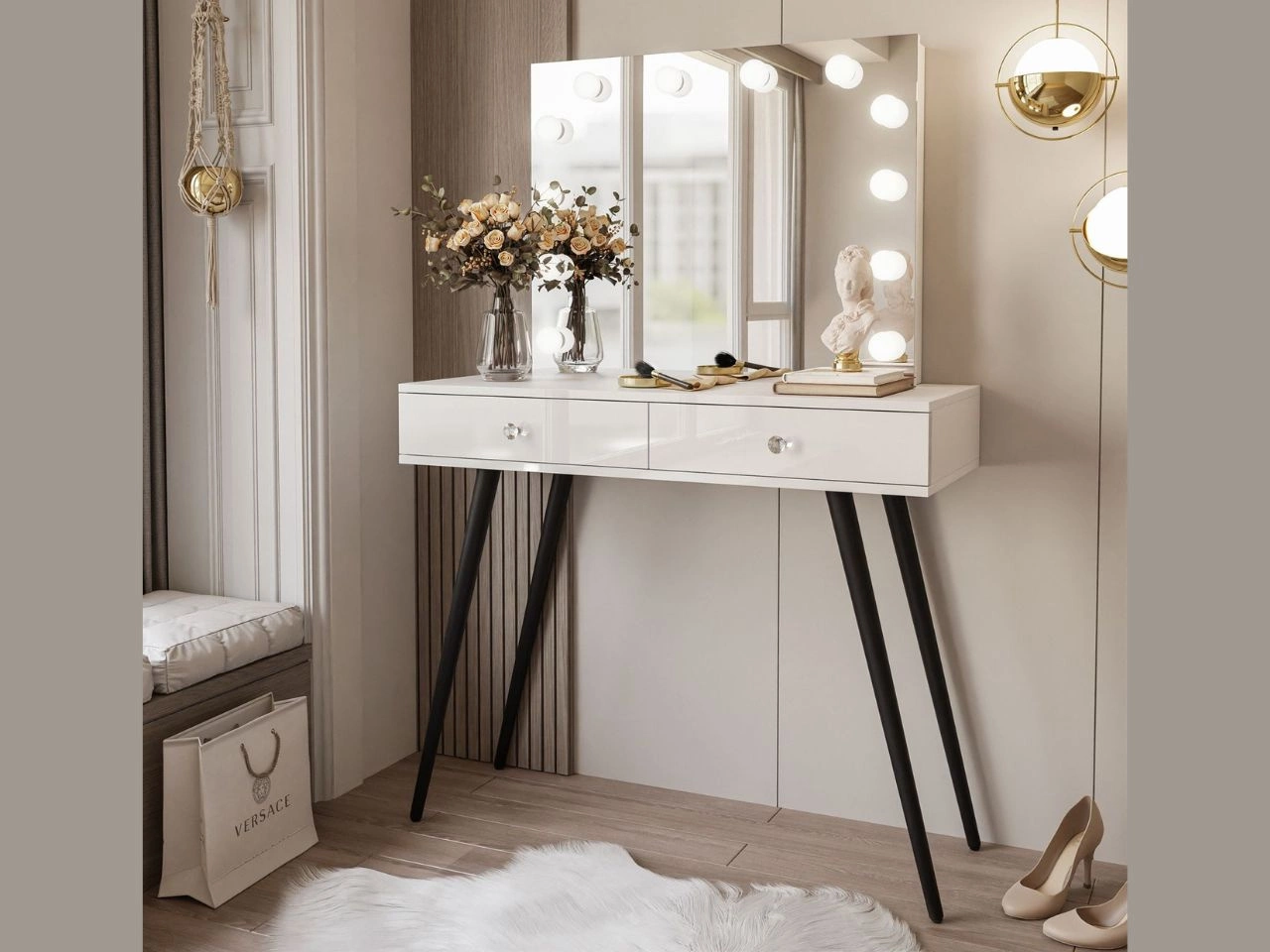 Toaletka kosmetyczna w stylu glamour z czarnymi nogami, kryształowymi uchwytami i oświetleniem LED Olivine Elite biały połysk