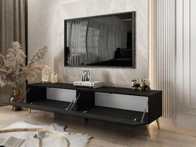 Szafka RTV dwudrzwiowa na złotych nóżkach 175 cm z oświetleniem LED Sorelle Czarny mat