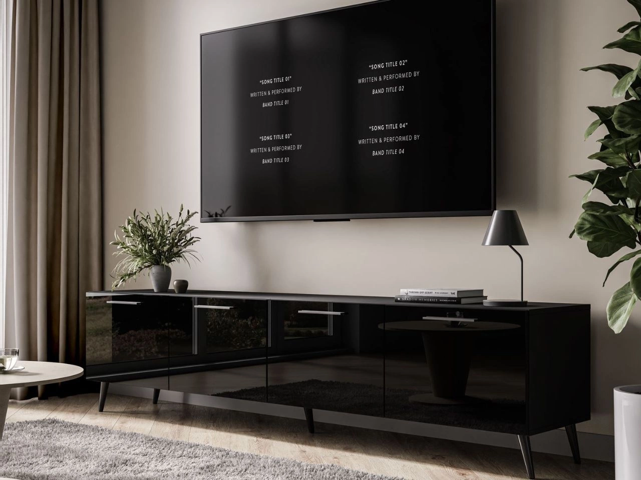 Szafka RTV pod telewizor z drzwiczkami na czarnych nóżkach 200 cm Noaé Czarny Połysk