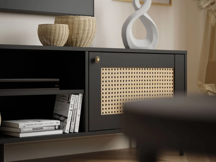 Szafka RTV boho dwudrzwiowa na metalowych nogach Bellance czarna