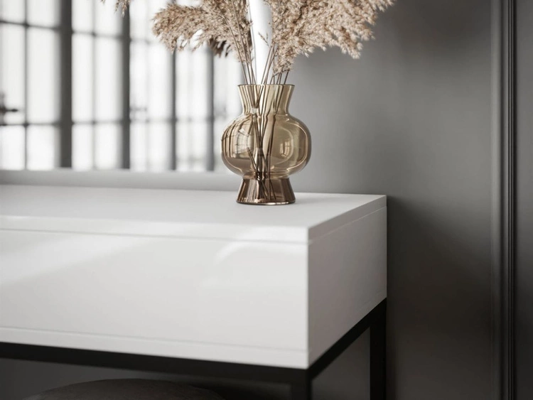 Toaletka kosmetyczna prawostronna z szufladami i oświetleniem LED na czarnych nogach Clarette Biały połysk