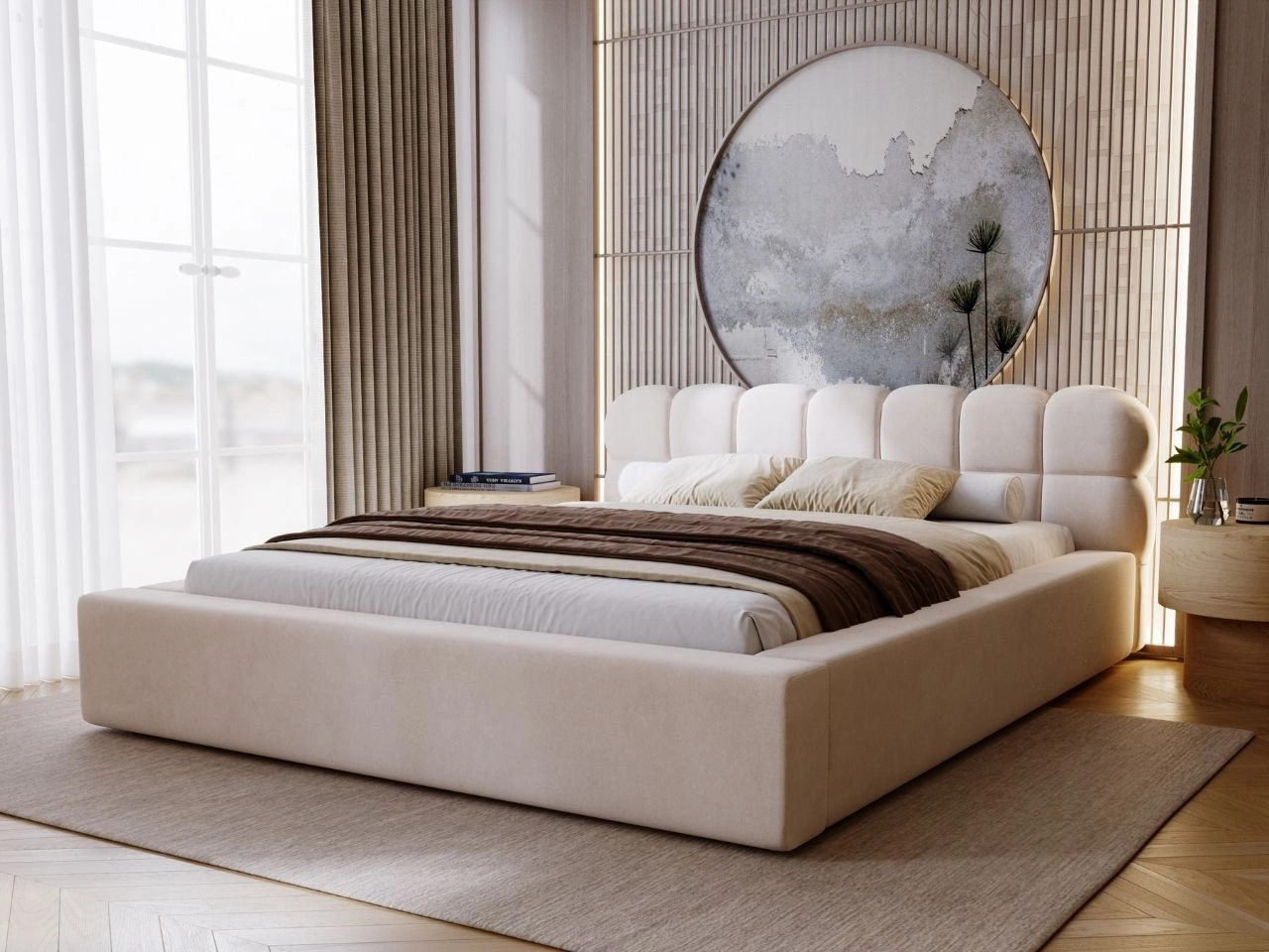 Łóżko tapicerowane z pojemnikiem i stelażem 180x200 Plaza Beżowe
