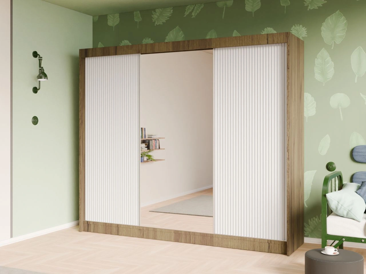 Szafa przesuwna z ryflowanym frontem i lustrem 250 cm Fano Dąb Craft Złoty, Biała