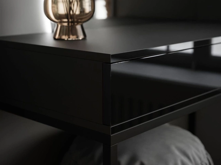 Toaletka kosmetyczna lewostronna z szufladami i oświetleniem LED na czarnych nogach Clarette Czarny połysk