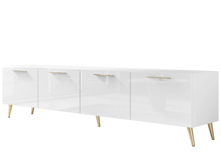 Szafka RTV pod telewizor z drzwiczkami na złotych nóżkach 200 cm Noaé Biały Połysk