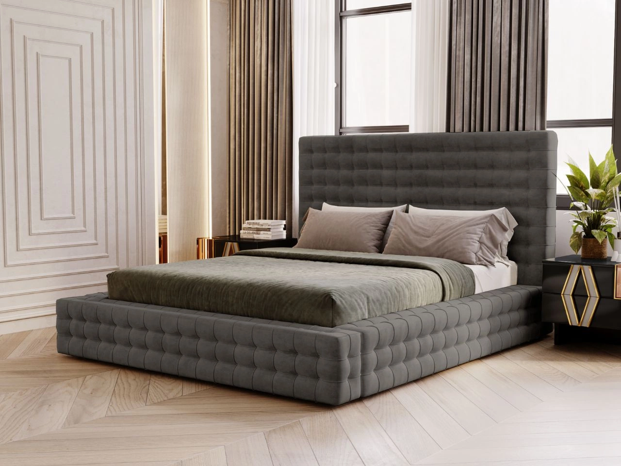 Łóżko tapicerowane z pojemnikiem i stelażem 180x200 Barbados Ciemnoszare