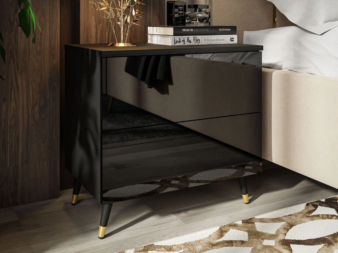 Stolik nocny z szufladami na czarno-złotych nogach Nuveo Czarny połysk