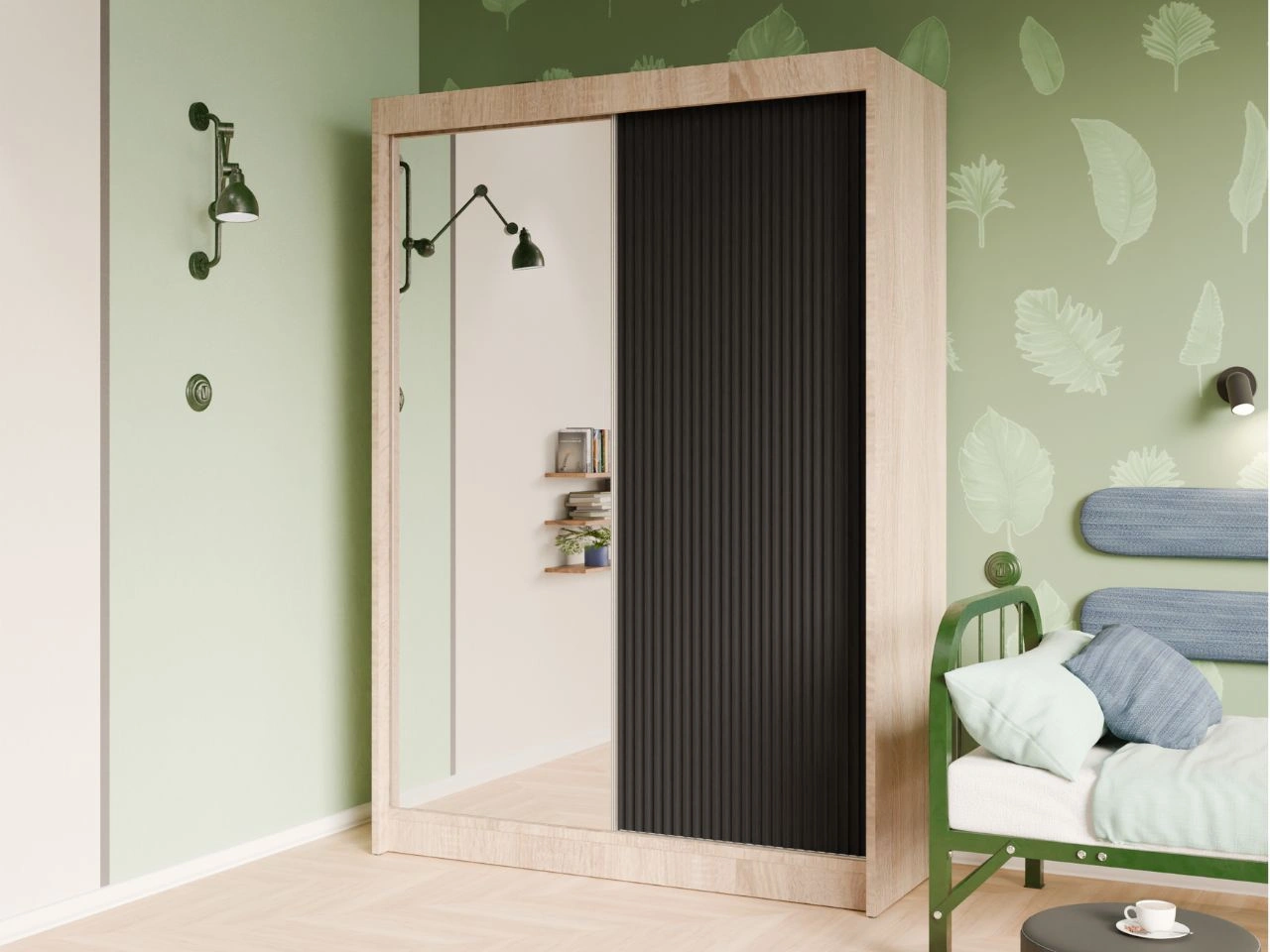 Szafa przesuwna z ryflowanym frontem i lustrem 150 cm Fano Dąb Sonoma, Czarna