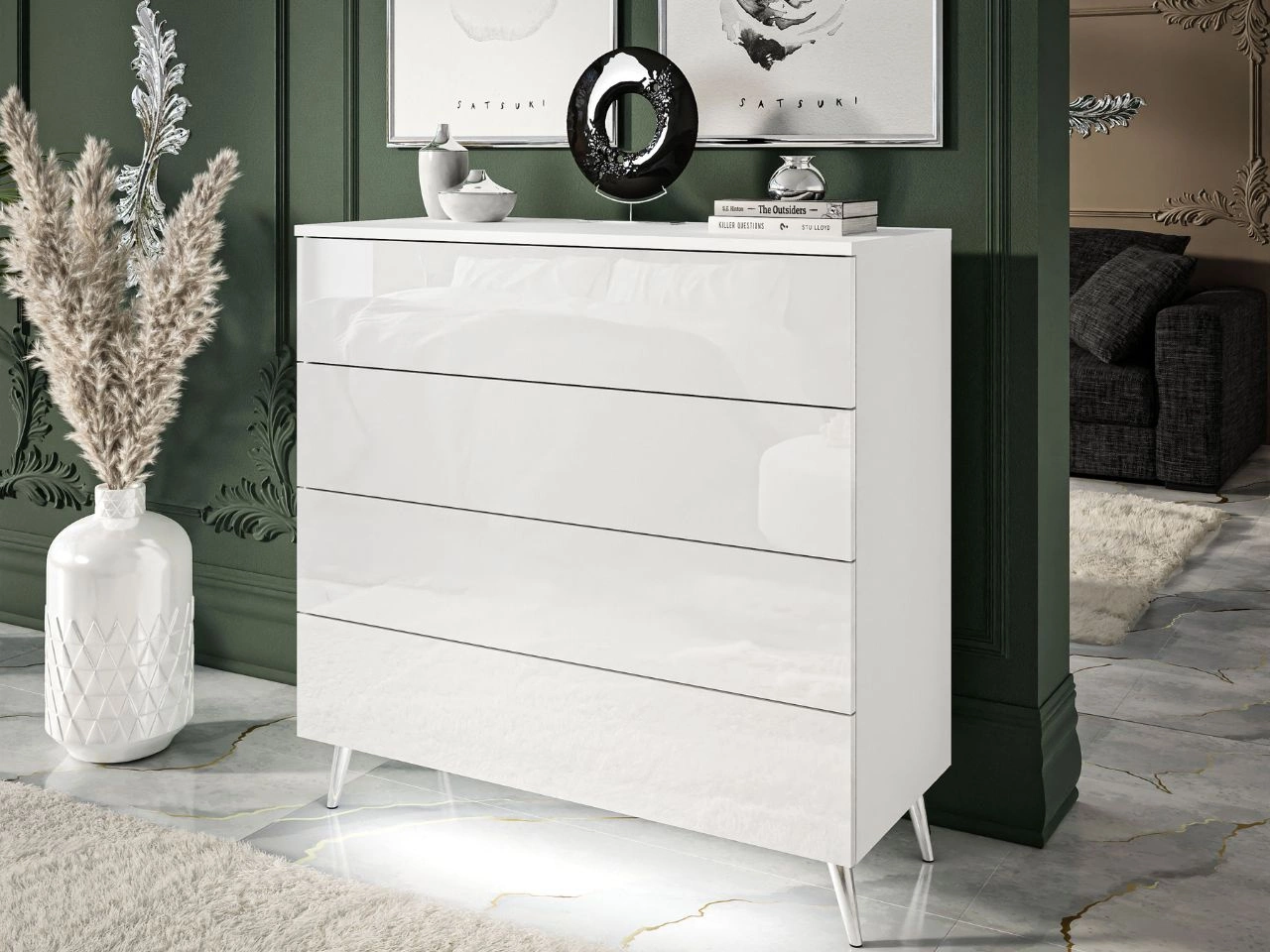 Komoda z czterema szufladami i oświetleniem LED na srebrnych nóżkach Nuveo Biały połysk