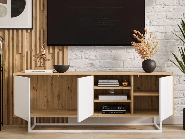 Szafka RTV pod telewizor z drzwiczkami i białym stelażem Vivance Biały i dąb artisan