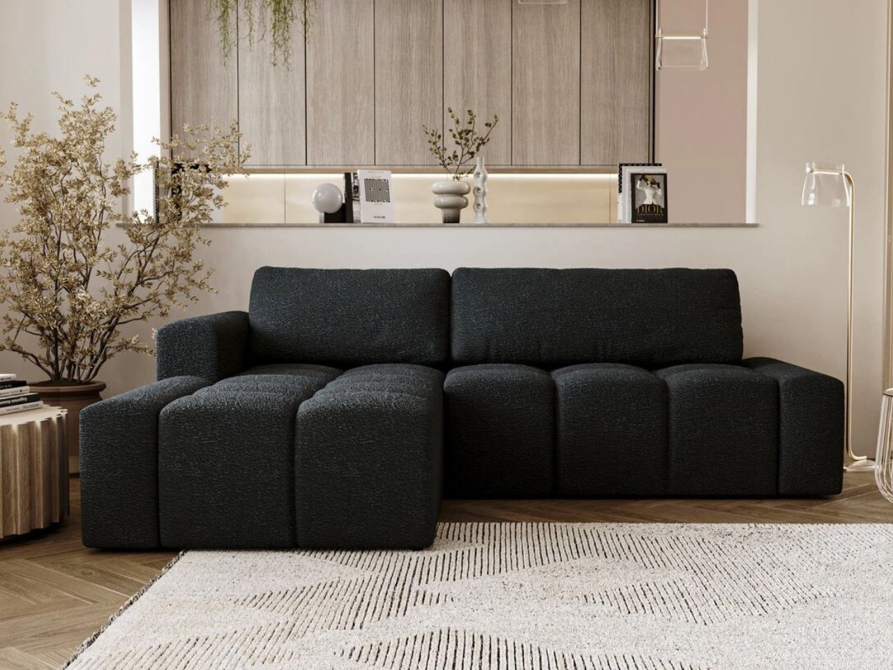 Narożnik L lewy z funkcją spania i pojemnikiem Lana Czarny