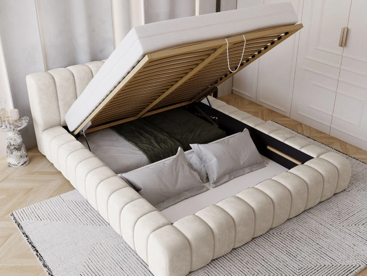 Łóżko tapicerowane z pojemnikiem na pościel i stelażem 180x200 Italia Kremowe