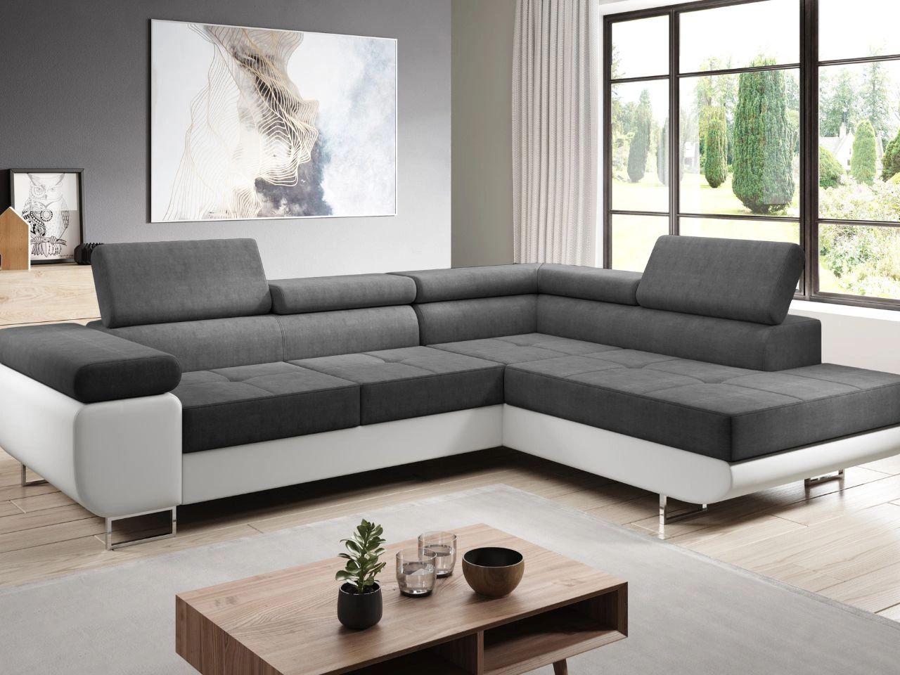 Narożnik prawy z funkcją spania i pojemnikiem Solam L Ciemnoszary, Biały