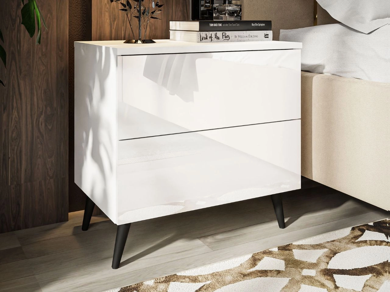 Stolik nocny z szufladami na czarnych nogach Nuveo Biały połysk
