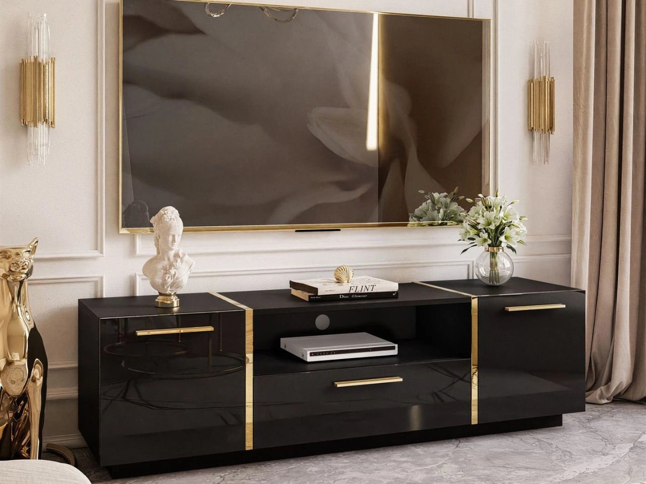 Szafka RTV w stylu glamour dwudrzwiowa z szufladą Lunelie czarny połysk