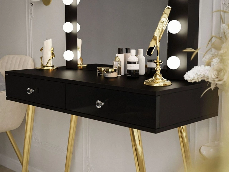 Toaletka kosmetyczna glamour z szufladami, lustrem i oświetleniem LED Olivine czarny połysk