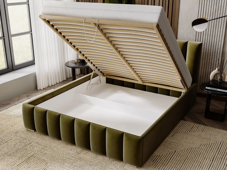 Łóżko tapicerowane z pojemnikiem i stelażem 140x200 Neos Zielone