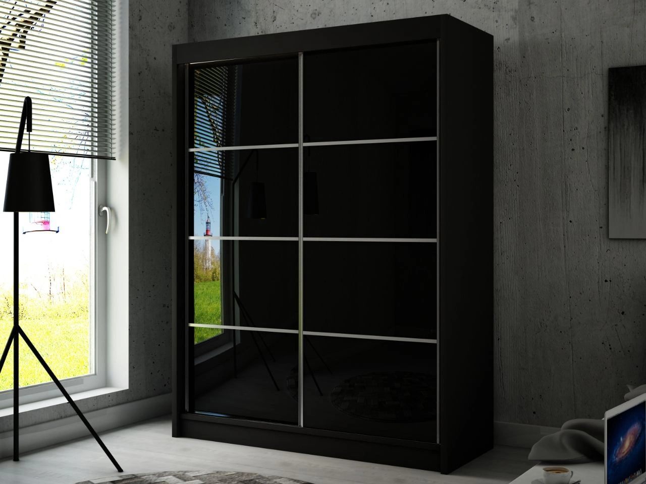 Szafa przesuwna ze szprosami 150 cm z oświetleniem LED Ponti Czarna