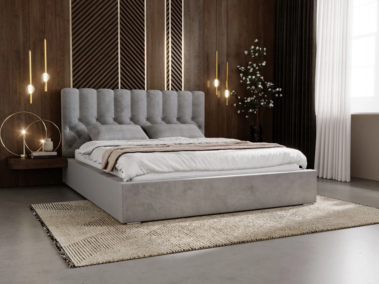 Łóżko tapicerowane z pojemnikiem i stelażem 180x200 cm Roma Szare