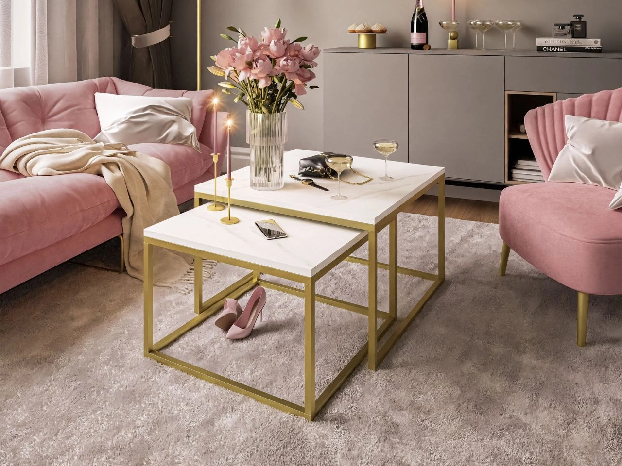 Stolik kawowy na złotym matowym stelażu Asumi Biały 40x46