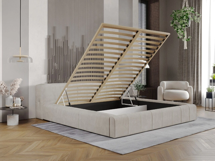 Łóżko tapicerowane z pojemnikiem i stelażem 160x200 Lipari beż
