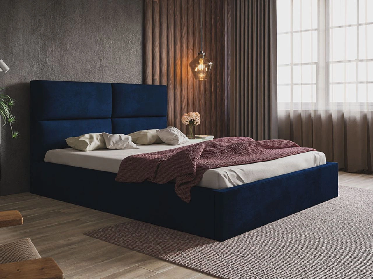 Łóżko tapicerowane z pojemnikiem i stelażem 120x200 Marad granatowe