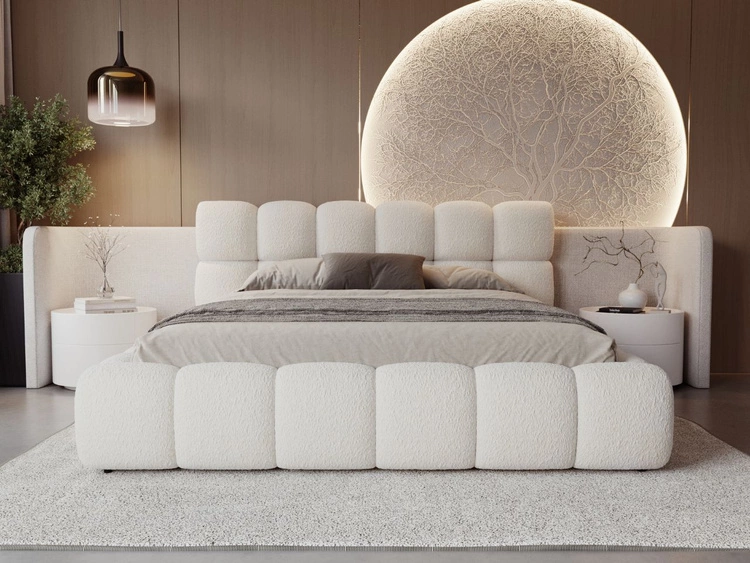 Łóżko tapicerowane z pojemnikiem na pościel i stelażem 140x200 Modo w tkaninie bouclé Beżowe