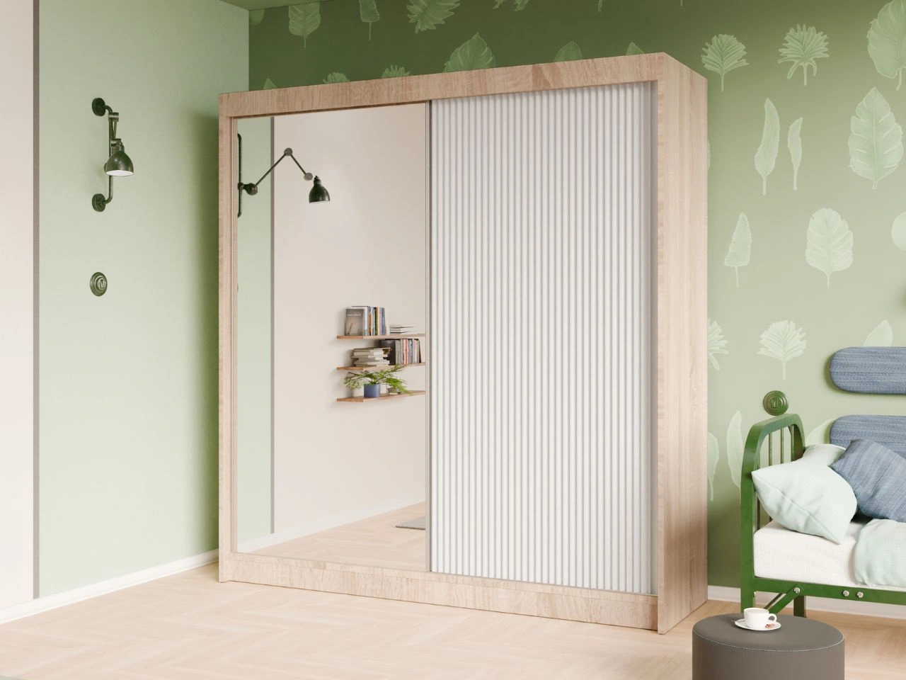 Szafa przesuwna z ryflowanym frontem i lustrem 200 cm Fano Dąb Sonoma, Biała