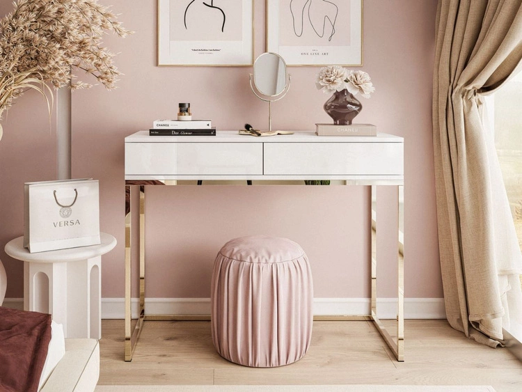 Konsola z szufladami i złotym stelażem w stylu glamour Brisa biały połysk