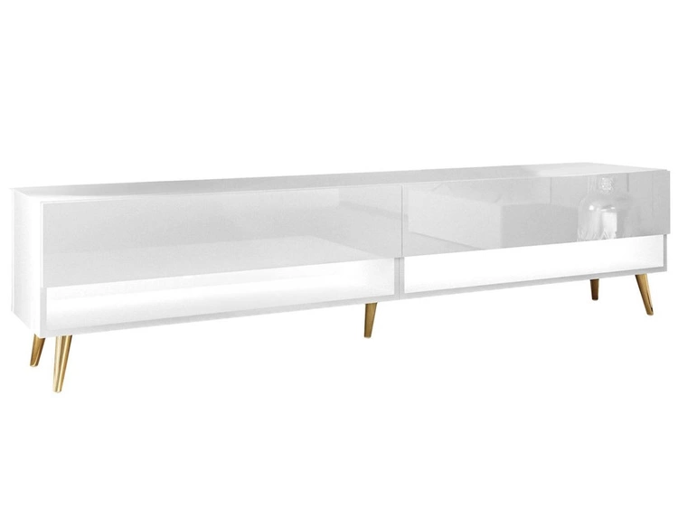Szafka RTV do salonu 180 cm ze złotymi nóżkami i oświetleniem LED Aurelie Biały połysk