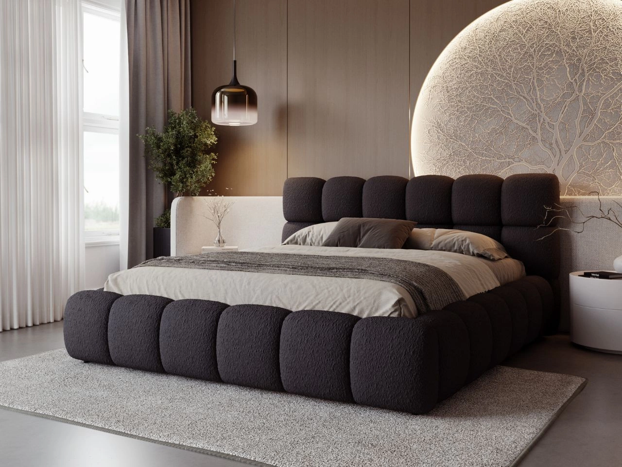 Łóżko tapicerowane z pojemnikiem na pościel i stelażem 180x200 Modo w tkaninie bouclé Czarne