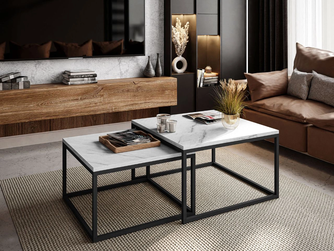 Stolik kawowy na czarnym metalowym stelażu z imitacją białego marmuru Asumi 36x42