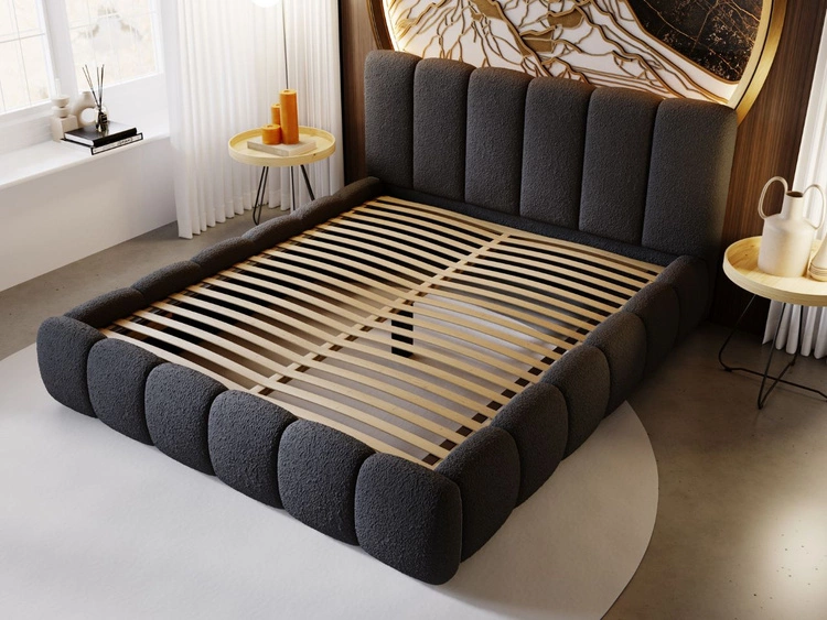 Łóżko tapicerowane bez pojemnika ze stelażem 180x200 Cloud w tkaninie bouclé Czarne