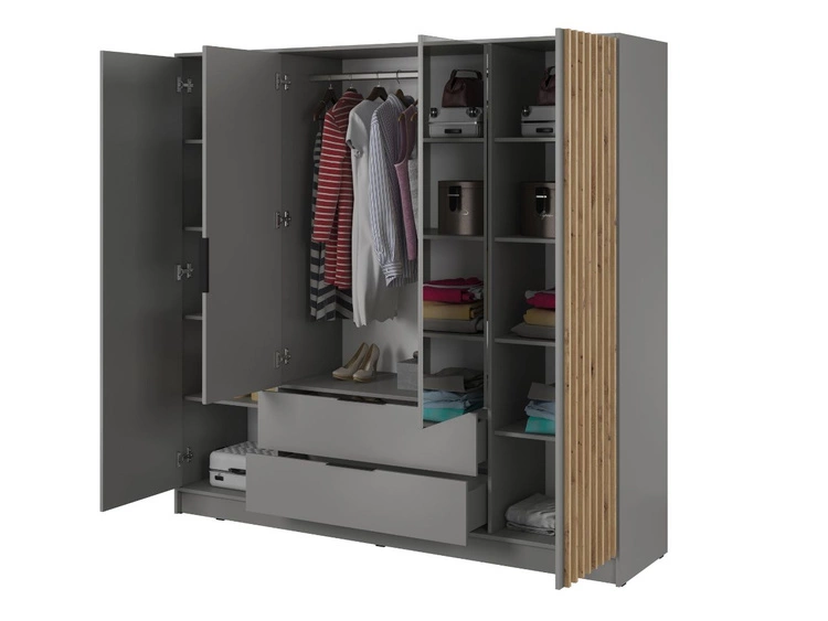 Szafa czterodrzwiowa z drzwiami uchylnymi 206 cm Macron Szara z lustrem i lamelami