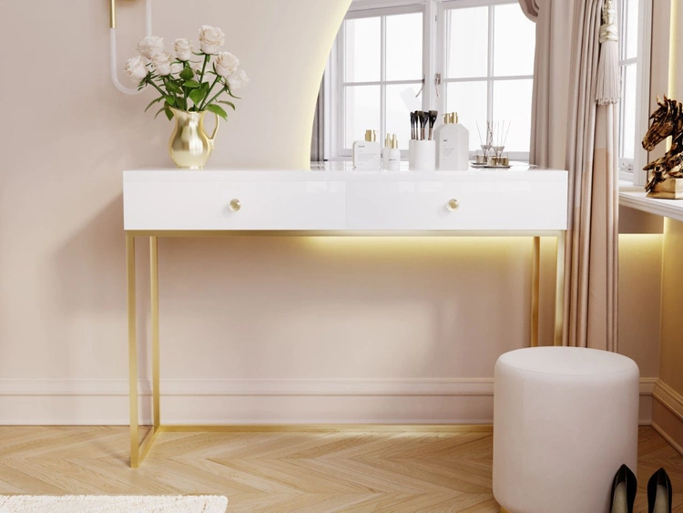 Toaletka z szufladami Belleza Biały połysk Złoty stelaż