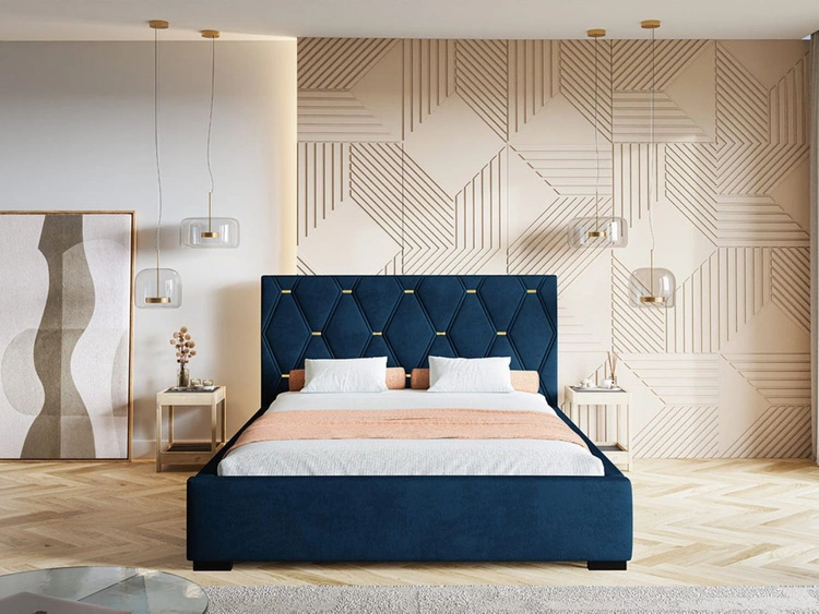 Łóżko tapicerowane z pojemnikiem i stelażem 140x200 Tasso Niebieskie