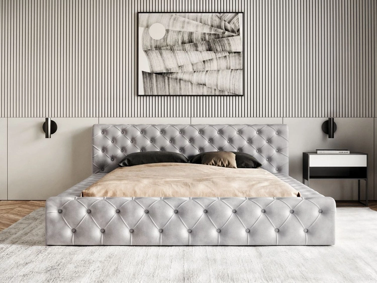 Łóżko tapicerowane z pojemnikiem i stelażem 140x200 cm Palini Jasnoszare