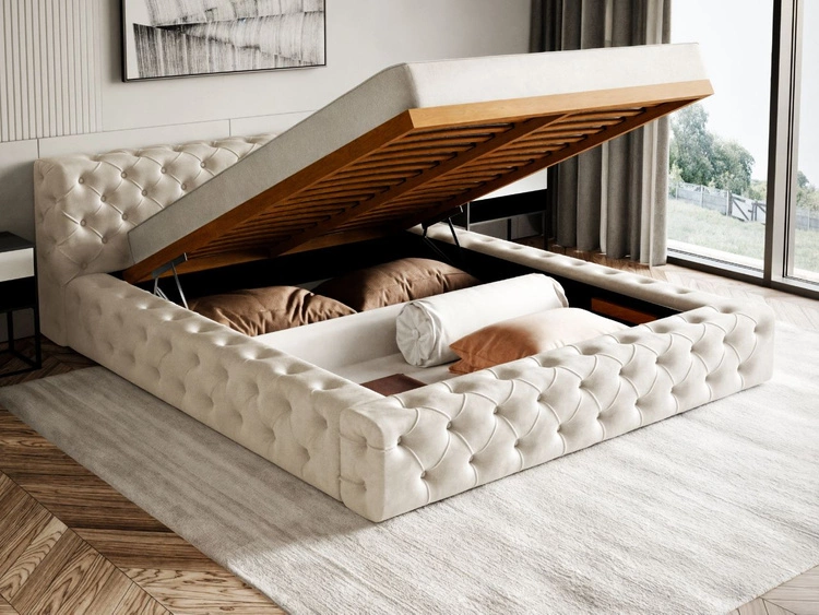 Łóżko tapicerowane z pojemnikiem i stelażem 120x200 cm Palini Beżowe