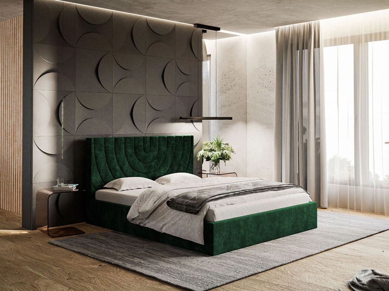 Łóżko tapicerowane z pojemnikiem i stelażem 180x200 Corti Ciemny zielony