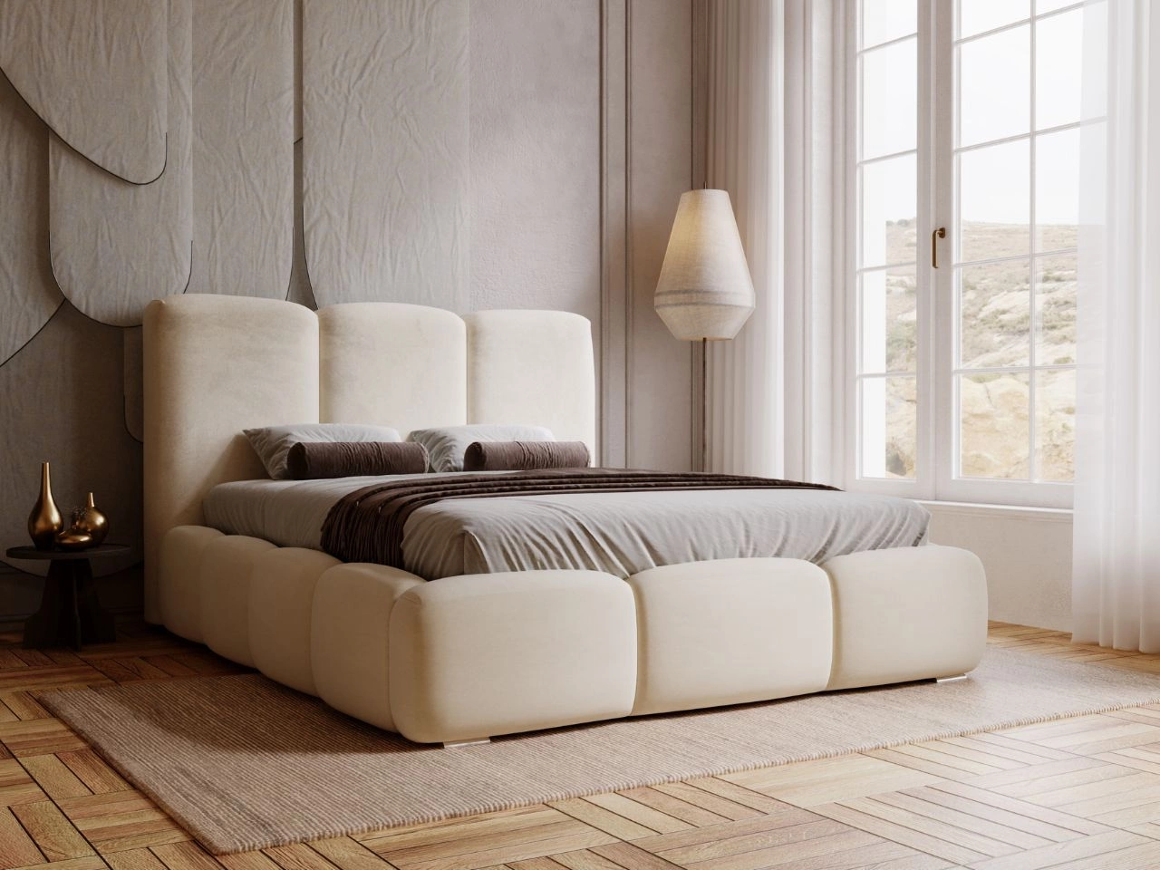 Łóżko tapicerowane z pojemnikiem i stelażem 200x200 cm Bubble Beżowe